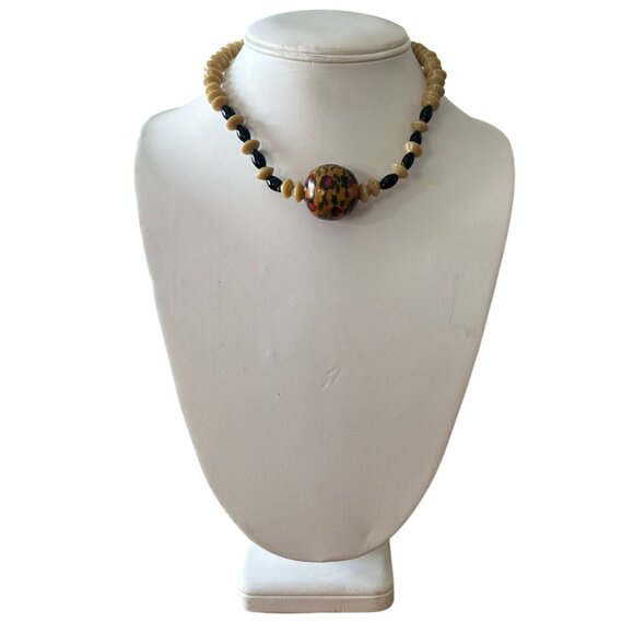 Vintage Beaded Necklace Choker Hand Painted Floral Wood Bead Pendant Brown Tan S - Picture 1 of 5